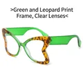 Chic butterfly shape sunglasses with green leopard frame and clear lens detail - Green Leopard Frame Clear Lenses