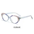 Blue cat-eye TR90 glasses frame with orange geometric patterns and transparent temples - Blue Frame