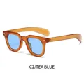 Retro square tea tortoise sunglasses with light blue lenses and silver rivets detail - Amber Frame Blue Lens