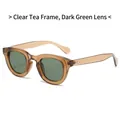 Oval retro sunglasses in transparent tea frame with dark green lenses and silver rivets - Transparent Tea Frame Dark Green Lenses