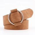 Minimalist beige suede leather belt with large silver circular buckle for women - Camel