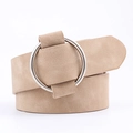 Minimalist khaki leather belt with silver circular metal buckle for women's fashion - Khaki