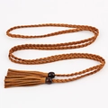 Cintura intrecciata in pelle marrone con perline in legno e nappe stile boho - Cammello