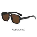 Vintage pilot square sunglasses in black frame with tea brown lenses and silver rivets - Black Frame Tea Lens