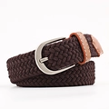 Braided elastic belt in dark brown featuring a silver buckle and premium leather trim - 100x2.5cm / Coffee