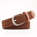 Unisex brown braided elastic canvas belt with silver pin buckle and leather trim - 100x2.5cm / Brown