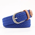 Unisex blue woven elastic belt with silver pin buckle and brown leather trim detailing - 100x2.5cm / Sapphire Blue