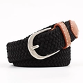 Elastic black braided canvas belt with brown leather trim and silver metal buckle - 100x2.5cm / Black