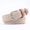 Beige elastic woven belt with brown leather ends and silver metal buckle - 100x2.5cm / Khaki