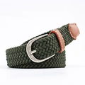 Green woven elastic canvas belt with silver buckle and brown faux leather details - 100x2.5cm / Army Green
