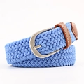 Blue woven elastic belt for men and women with silver buckle and brown leather trim - 100x2.5cm / Sky Blue