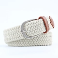 Elastic braided canvas belt in cream white with brown leather trim and silver metal buckle - 100x2.5cm / Beige