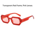 Chic hexagonal red transparent frame sunglasses with pink lenses and rhinestone trim - Transparent Red Frame Pink Lens