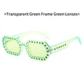 Chic oversized square sunglasses featuring transparent green frames with emerald rhinestones - Transparent Green Frame Green Lenses