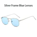Retro small square metal sunglasses with silver frame and light blue transparent lenses - Silver Frame Blue Lens