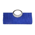 Close-up of royal blue pleated satin fabric and rhinestone handle on the evening clutch bag - Blue