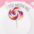 Detailed view of a purple-red spiral clay lollipop DIY accessory on a white ceramic plate - Fuschia