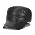 Classic black leather cadet cap for men with premium stitching and warm flat top design - Adjustable / Brown