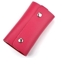 Rose red leather car key holder with pebble grain texture and double snap buttons - Rose Red