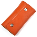 Orange lychee grain genuine leather car key case with silver double metal buttons - Orange