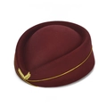 Burgundy wool stewardess pillbox hat with gold embroidery and metal wing emblem - One Size / Burgundy