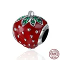 925 sterling silver strawberry charm with red enamel and green stones for DIY bracelets - Large Strawberry (SCC369)