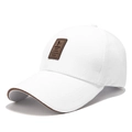 White cotton baseball cap with brown leather golf patch and stylish contrast brim trim - Adjustable / White