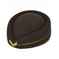 Dark brown wool pillbox hat with gold wheat emblem and decorative metallic trim - One Size / Brown