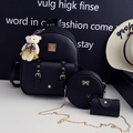Set zaino nero in pelle PU con ciondolo a orsetto, borsa a tracolla e portamonete - Nero Set da 3 (Con Ciondolo)