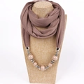 Ethnic brown scarf necklace with silver metal buckle and large beige bead accents - 180x40cm / Dark Khaki