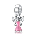 Silver fairy pendant with pink enamel dress and large hole bail for DIY bracelets - Pink