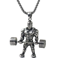 Strong fitness man dumbbell weightlifting pendant necklace in vintage silver steel - Antique Silver Barbell Lifting Pose (NM020s)