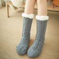 Grey lamb velvet thermal floor socks with thick white plush lining for winter indoor home use - One Size / Cable Knit Grey