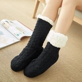 Black fleece-lined slippers socks with white lamb wool cuffs for winter home comfort - One Size / Cable Black