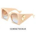 Square fashion sunglasses with beige frame and tea blue gradient lenses for women - Beige Frame Tea Blue Lens