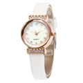 Montre quartz femme avec lunette diamants or rose et élégant bracelet cuir blanc - Blanc