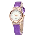 Montre à quartz élégante avec bracelet en cuir violet et boîtier or rose serti de strass - Violet