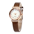 Elegant rose gold quartz watch with rhinestones and dark brown crocodile leather strap - Brown