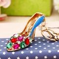 Golden high heel keychain with blue enamel and colorful sparkling rhinestones - Glass Slipper Blue