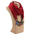 Detail of burgundy chiffon scarf featuring gold alloy necklace with multicolor gemstones - Burgundy