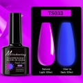 Detailed comparison of bright purple fluorescent and blue glow-in-the-dark nail gel effect - Fluorescent Glow Gel TS033 (Purple)