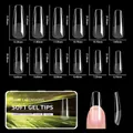 Detailed size chart showing 12 different dimensions for long coffin clear nail tips - Porcelain White Box Half Frosted 04 (qt0774) / 550 Pieces/Pack