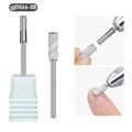 Macro detail of silver nail drill bit with white base and usage on natural nails - Small Mandrel B (gj0566-08)