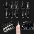 Size chart showing height and width for 10 sizes of clear coffin nail tips in a storage box - Premium Nail Tip 06 (Long Stiletto - 250 Pcs)