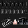 Detailed size chart for 14 sizes of clear coffin false nail tips with dimensions in mm - Premium Nail Tip 07 (Almond Stiletto - 250 Pcs)