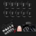 Size chart showing 10 clear coffin nail tip dimensions and thickness gradient distribution - Premium Nail Tip 08 (Short Oval - 500 Pcs)