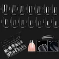 Size chart showing 14 sizes of clear coffin nail tips with thickness comparison details - Premium Nail Tip 09 (Coffin Ballerina - 500 Pcs)