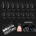 Detailed size guide showing 14 dimensions for coffin shaped transparent false nail tips - Premium Nail Tip 12 (Extra Long Coffin - 500 Pcs)