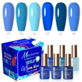Set of six 15ml Klein Blue one-step gel nail polish bottles with matching color swatches - Klein Blue Series Set (一步胶套装TOS04)