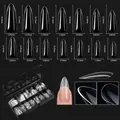 Detailed size chart showing length and width for 14 sizes of transparent coffin false nails - Premium Nail Tip 13 (Long Stiletto - 500 Pcs)